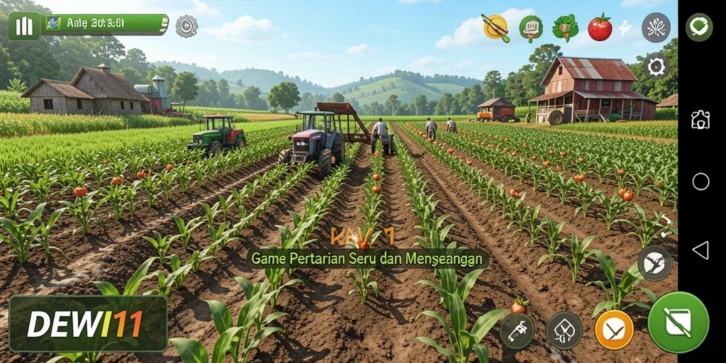 Tampilan gameplay DEWI11 dengan berbagai tanaman dan hewan di kebun.