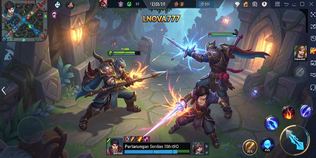 Tangkapan layar utama LNOVA777 yang menunjukkan aksi pertarungan MOBA.