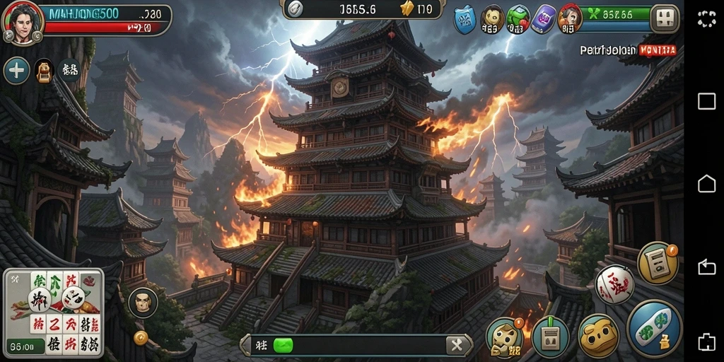 Screenshot gameplay <strong>MAHJONG500</strong> menampilkan pertahanan menara yang seru dan strategis.