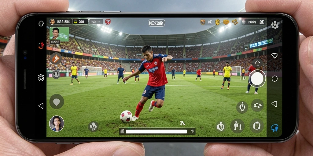 Screenshot utama NEX288 menampilkan aksi sepak bola yang mendebarkan.