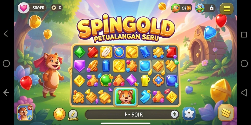 Gambaran gameplay SPINGOLD yang menyenangkan dengan tantangan Match-3.